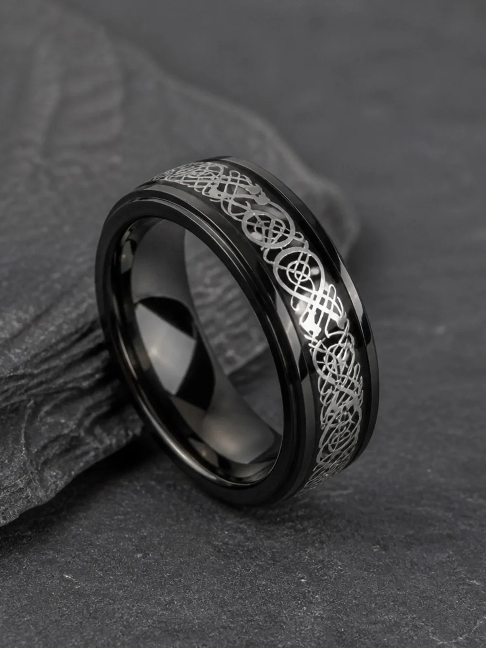 Luxury Collection Titanium Steel Black/Silver Intricate Design Inlay SZ. 14